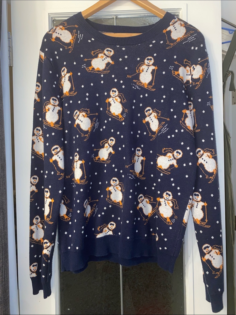 TOPMAN Christmas Sweater Blue / Skiing Snowman / Crewneck / Mens M
